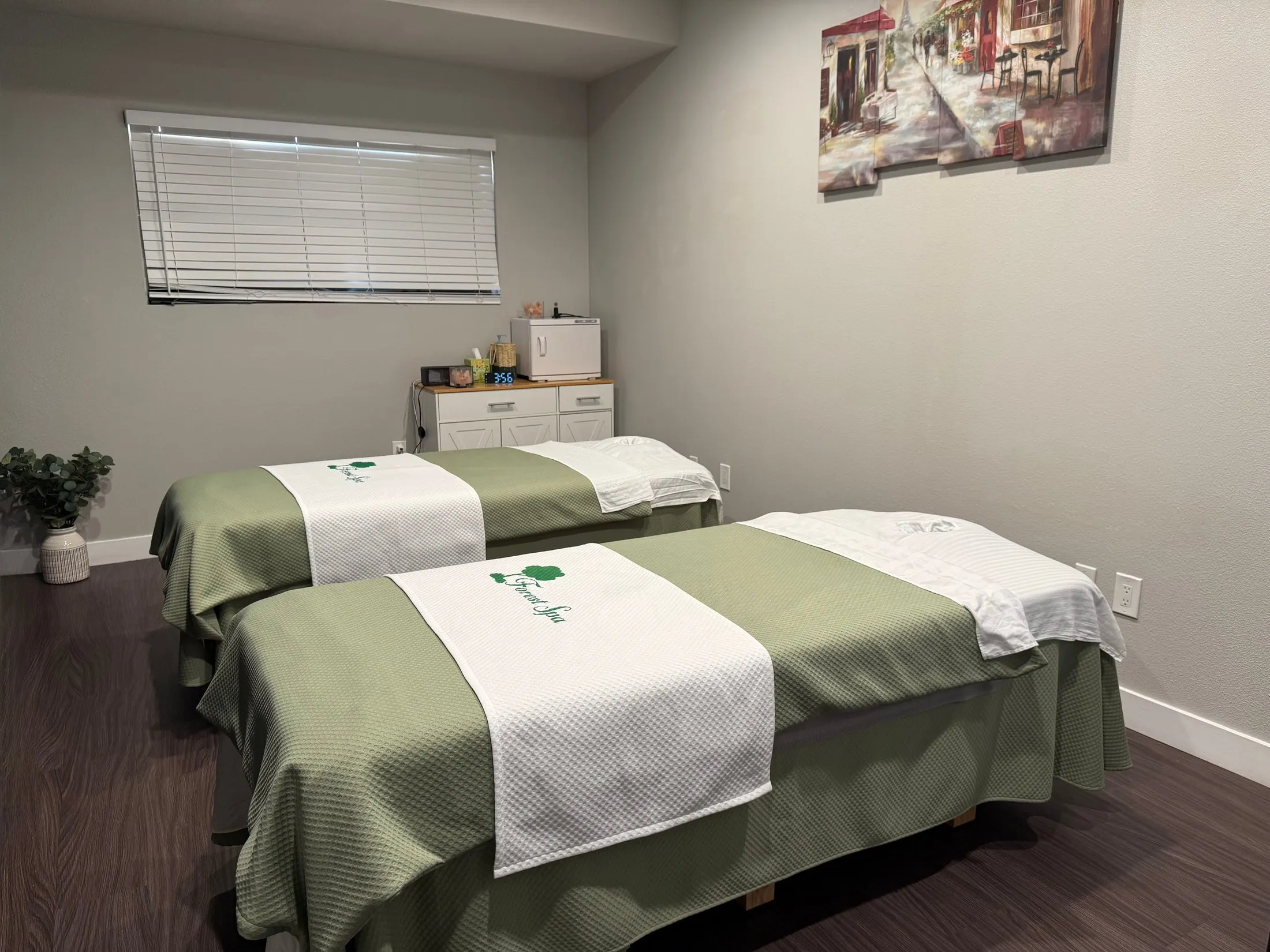 Forest Spa couples treatment room with sage-green linens